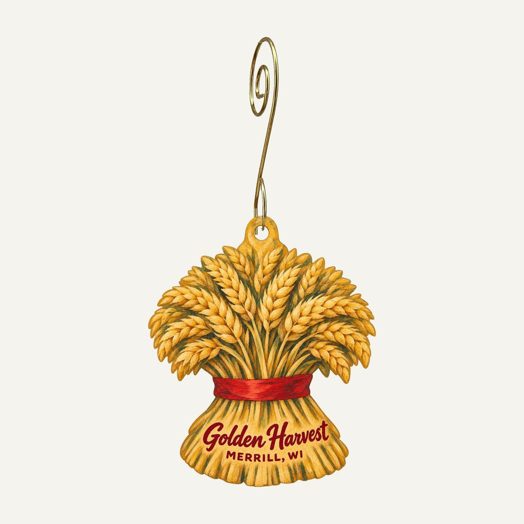 Golden Harvest Logo custom wood ornament OC887 hanging on hook