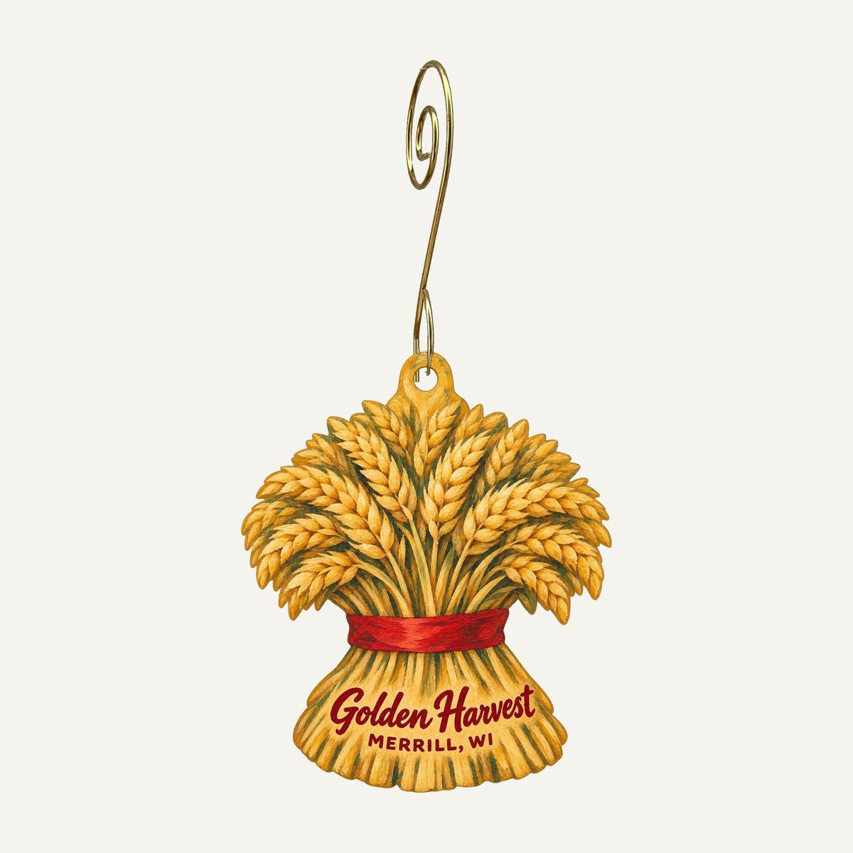 Golden Harvest Logo custom wood ornament OC887 hanging on hook