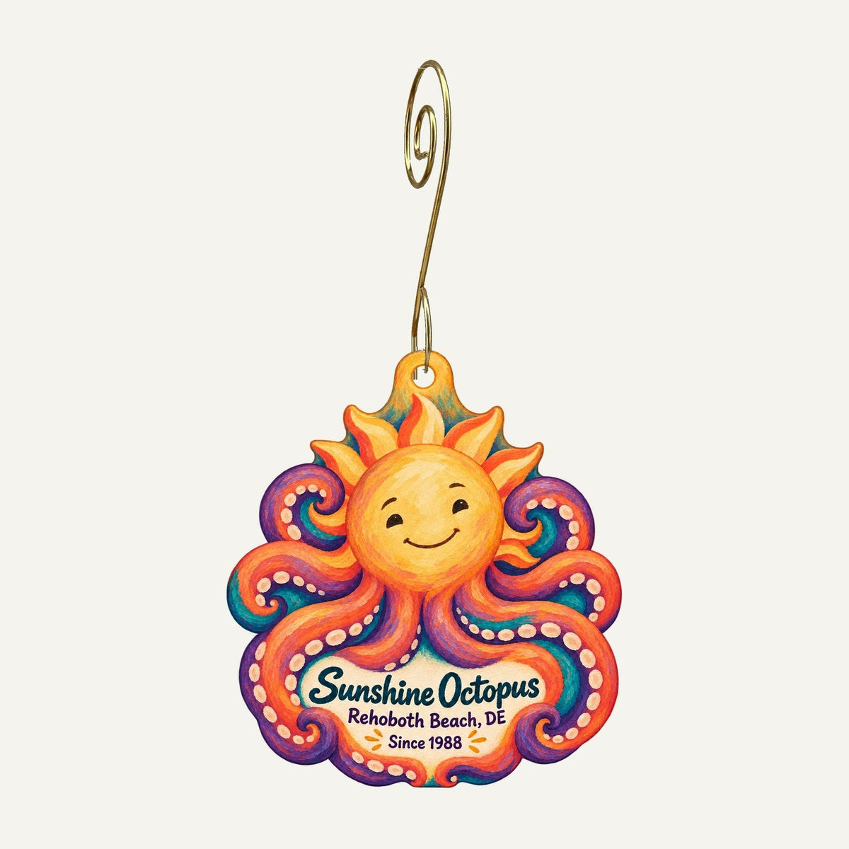 Sunshine Octopus Logo custom wood ornament OC896 hanging on hook