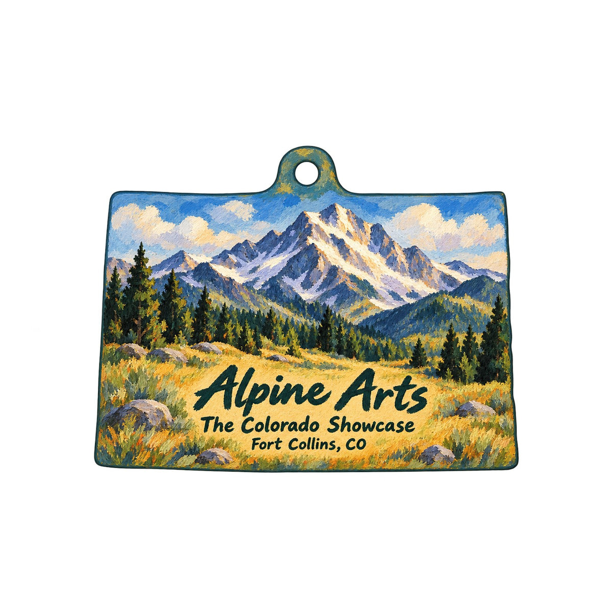 Alpine Arts — The Colorado Showcase Logo custom wood ornament OC899 on white