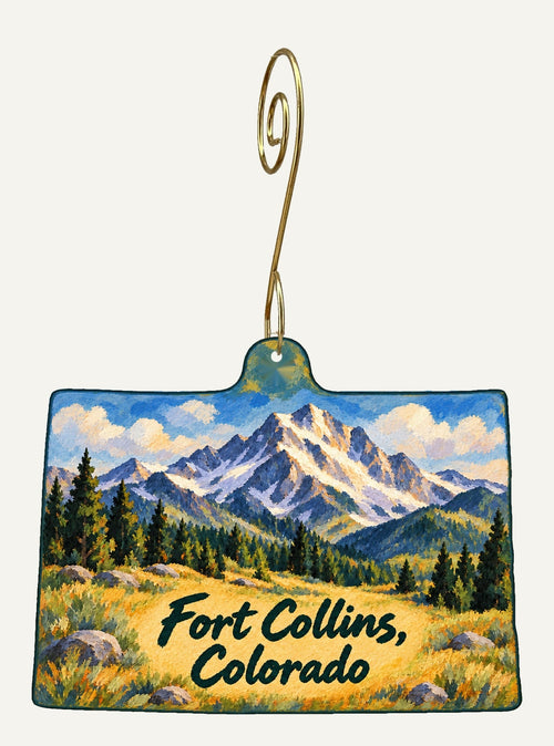 OC899 Fort Collins, Colorado mountain ornament with revised namedrop, hanging on gold hook