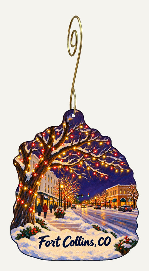 OC900 revised Fort Collins ornament hanging on gold hook