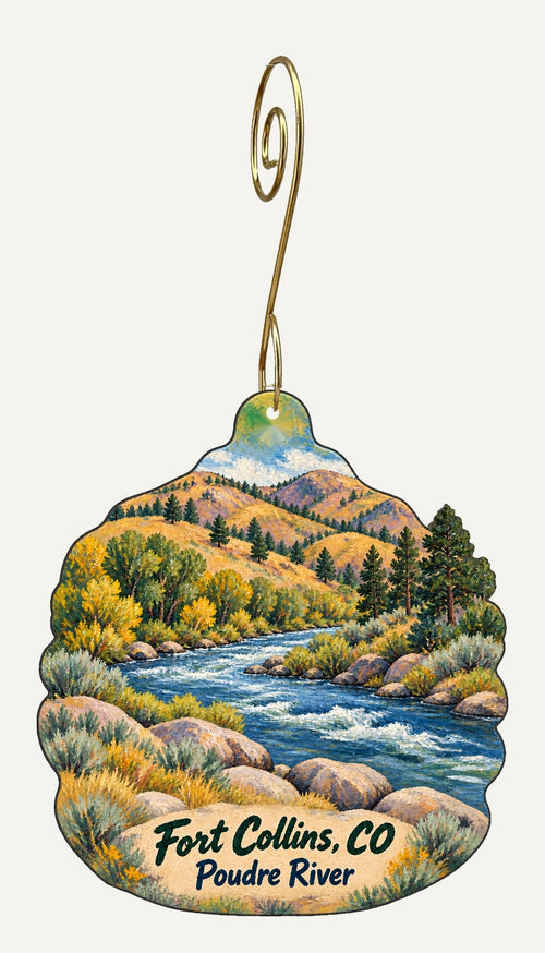 OC901 revised Fort Collins ornament hanging on gold hook