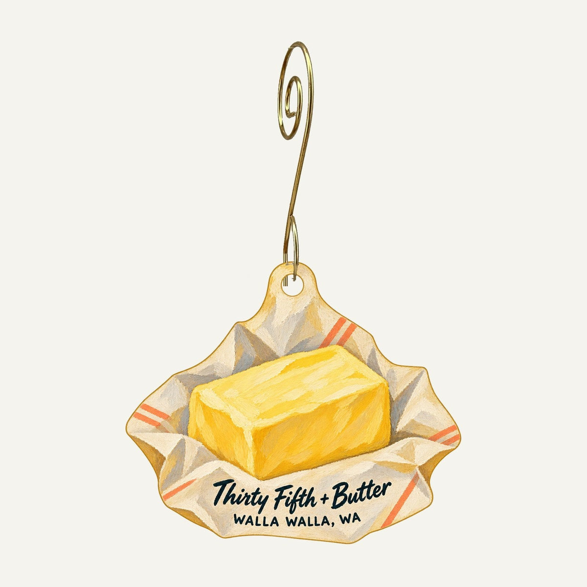 Thirty Fifth + Butter Logo custom wood ornament OC902 hanging on hook