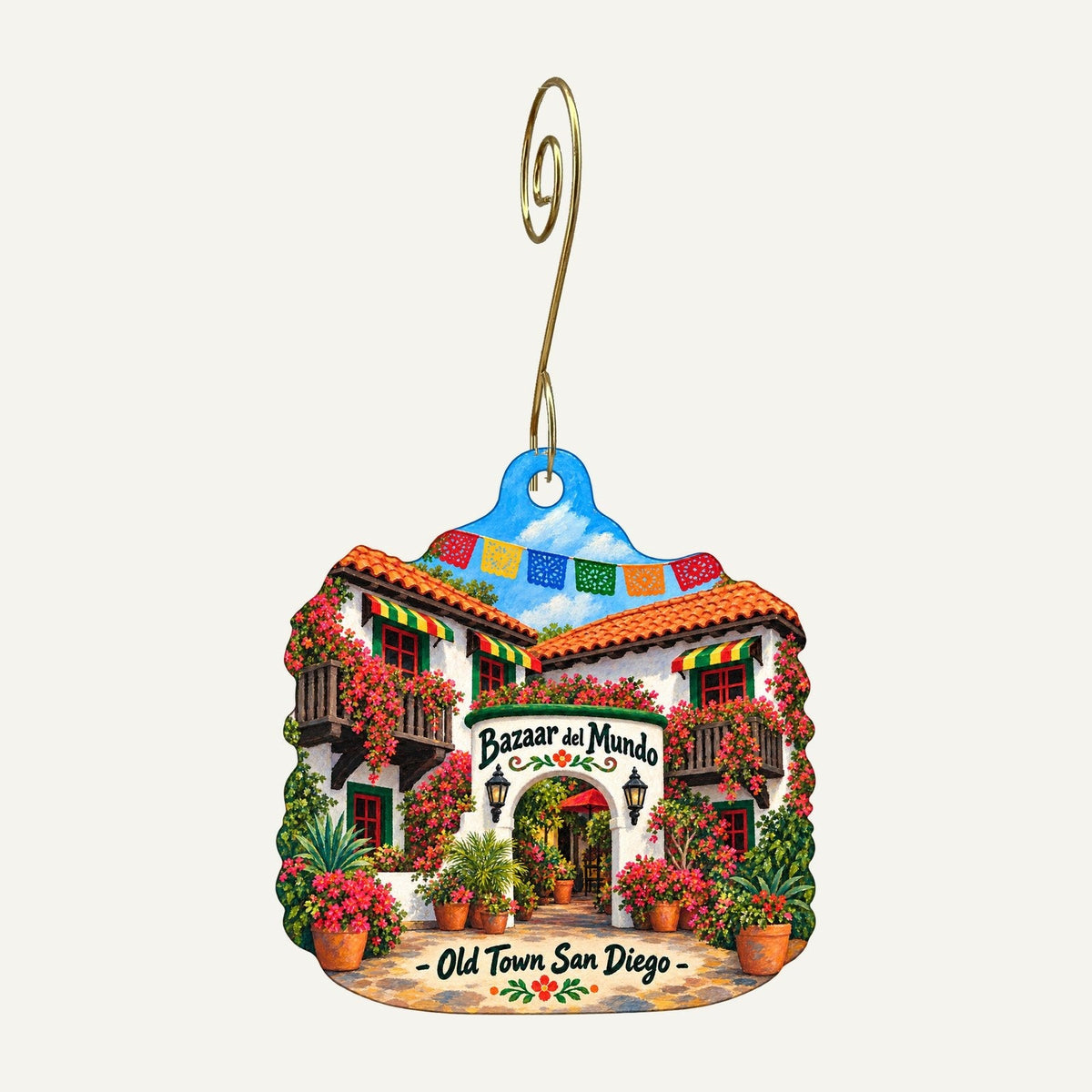 Bazaar del Mundo - The Gallery Logo custom wood ornament OC908 hanging on hook
