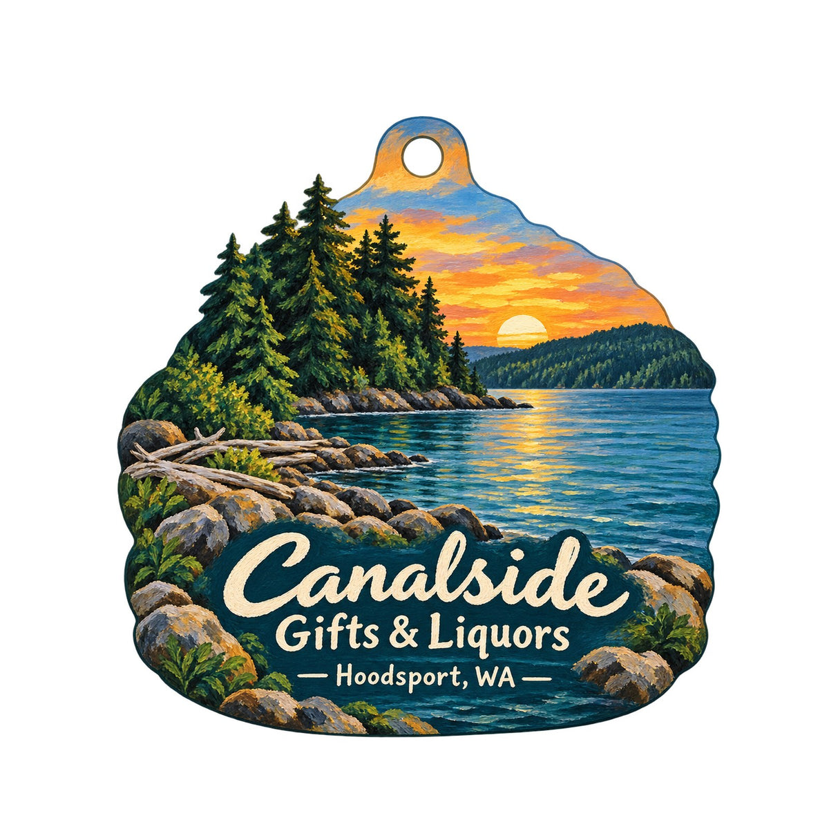 Canalside Gifts & Liquors Logo custom wood ornament OC911 on white