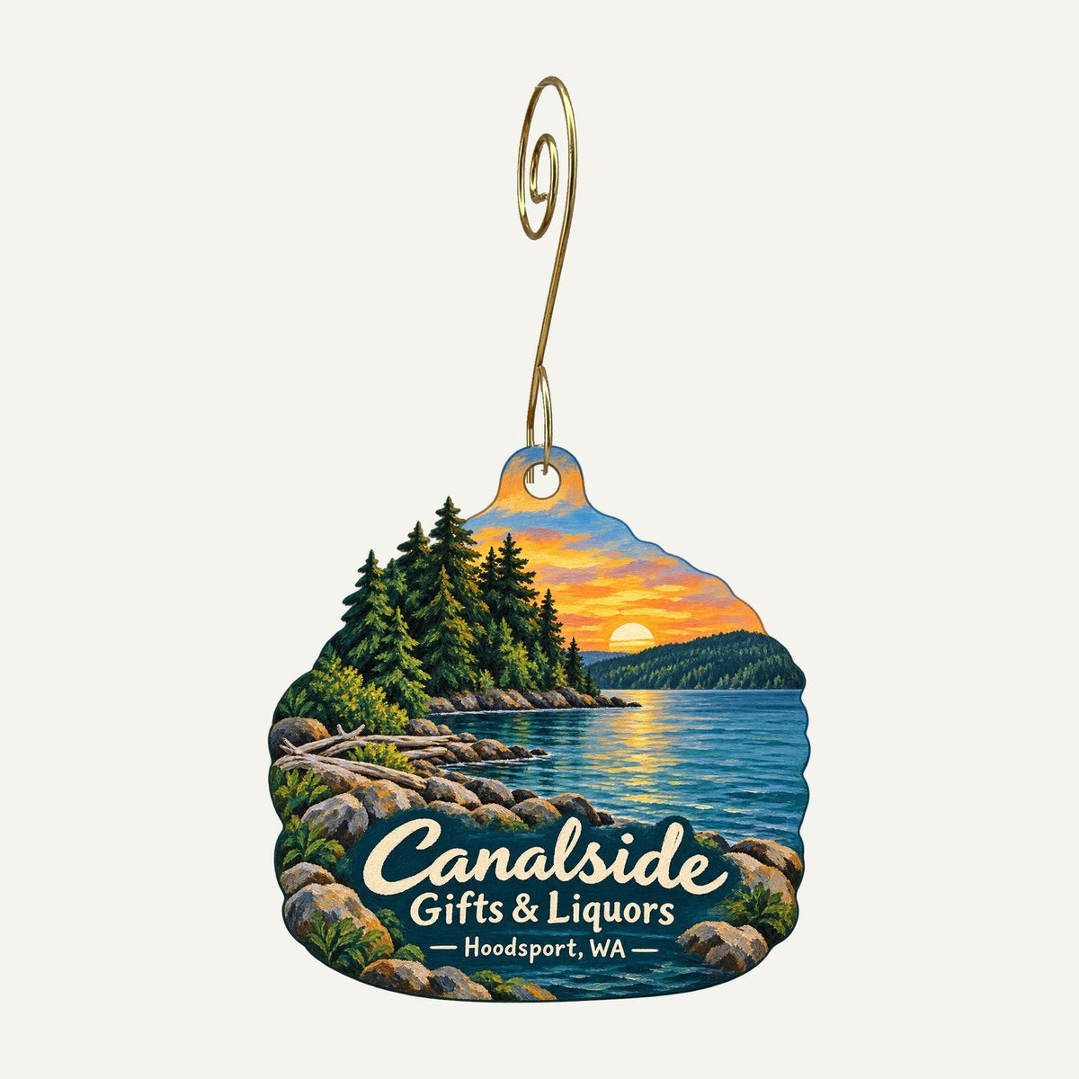 Canalside Gifts & Liquors Logo custom wood ornament OC911 hanging on hook