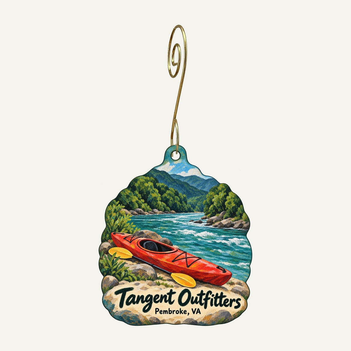 Tangent Outfitters Logo custom wood ornament OC914 hanging on hook