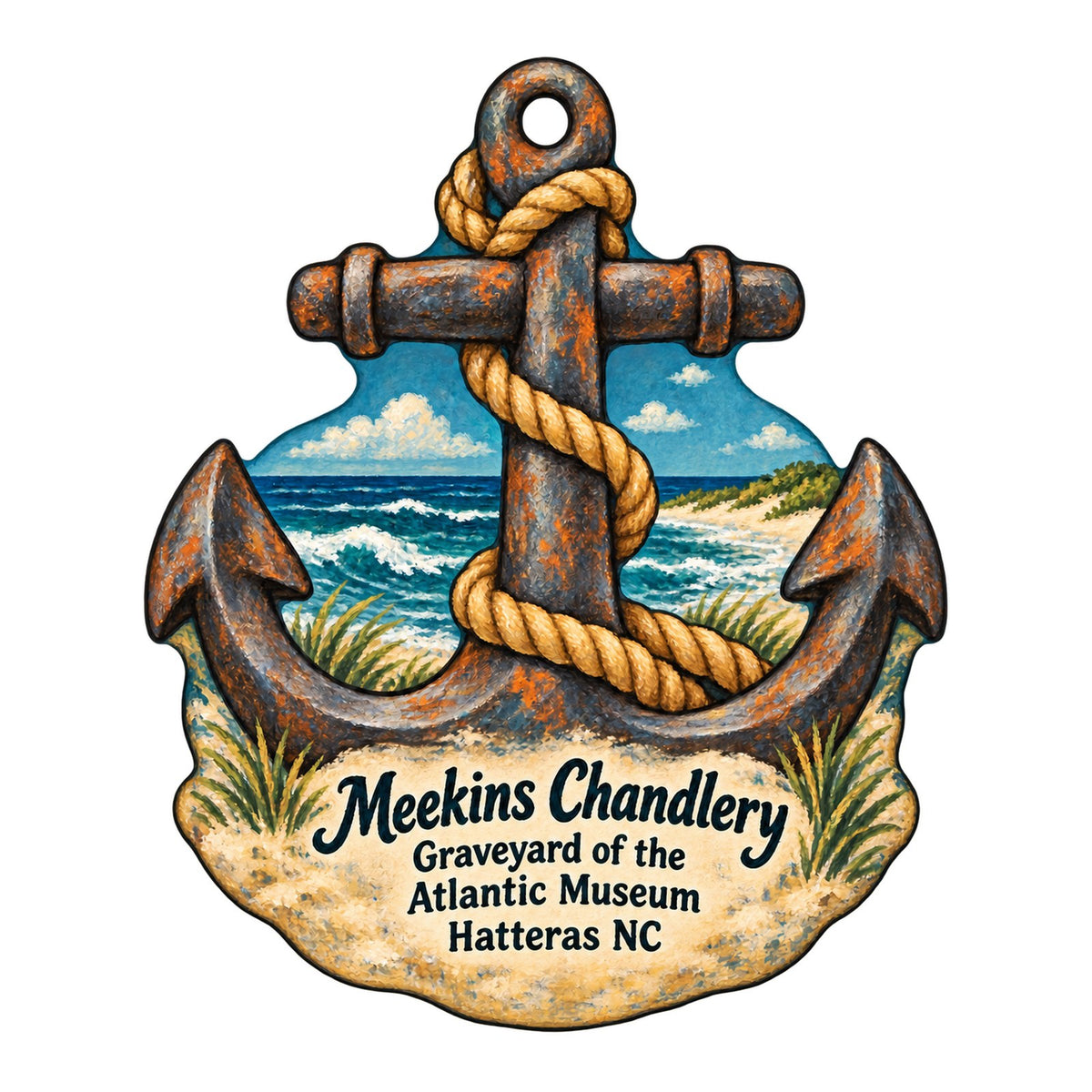 Meekins Chandlery at the Graveyard of the Atlantic Museum Logo custom wood ornament OC917 on white