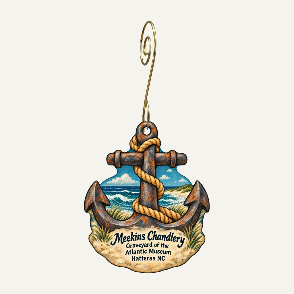 Meekins Chandlery at the Graveyard of the Atlantic Museum Logo custom wood ornament OC917 hanging on hook