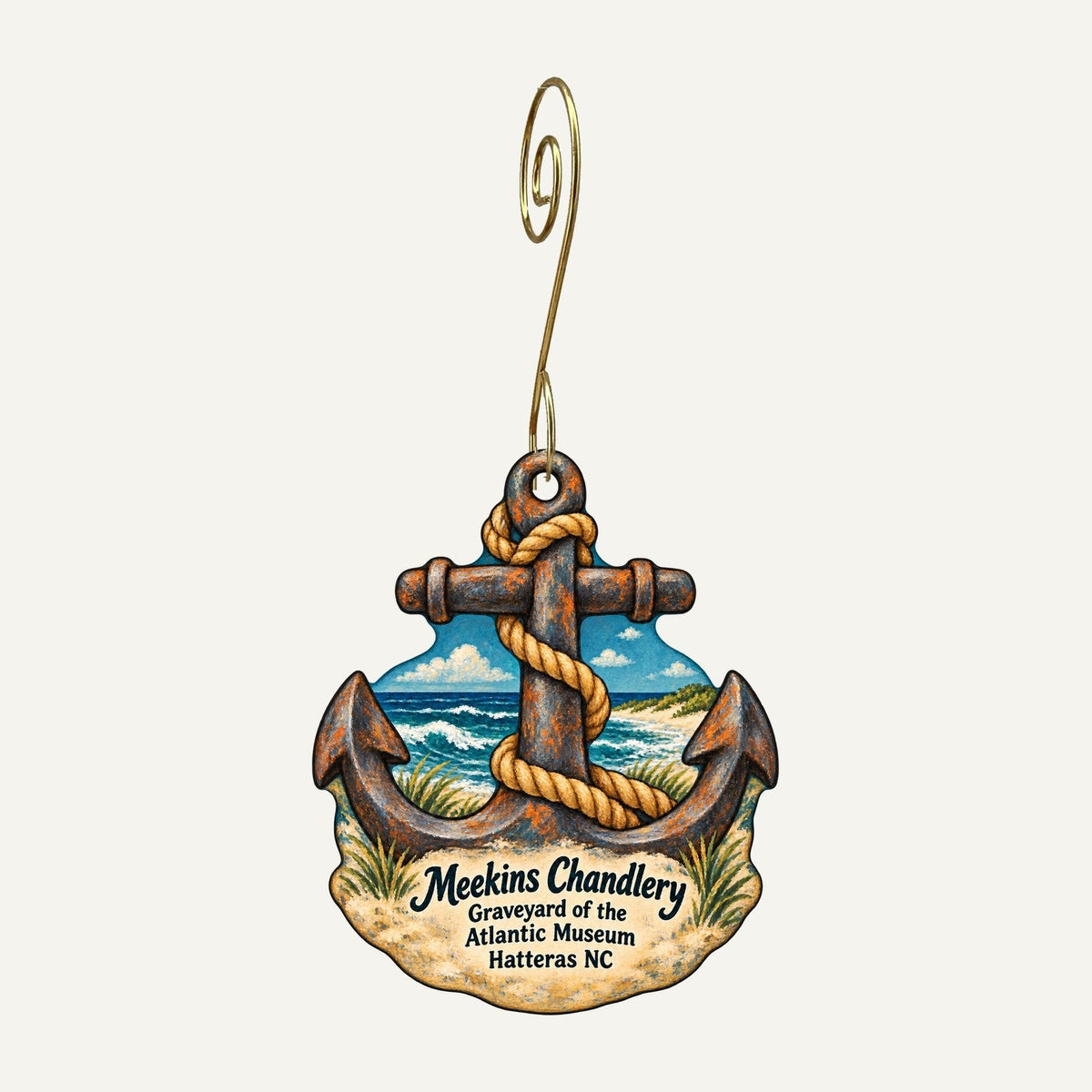 Meekins Chandlery at the Graveyard of the Atlantic Museum Logo custom wood ornament OC917 hanging on hook