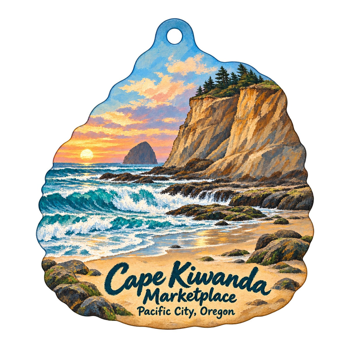 Cape Kiwanda Marketplace Logo custom wood ornament OC926 on white