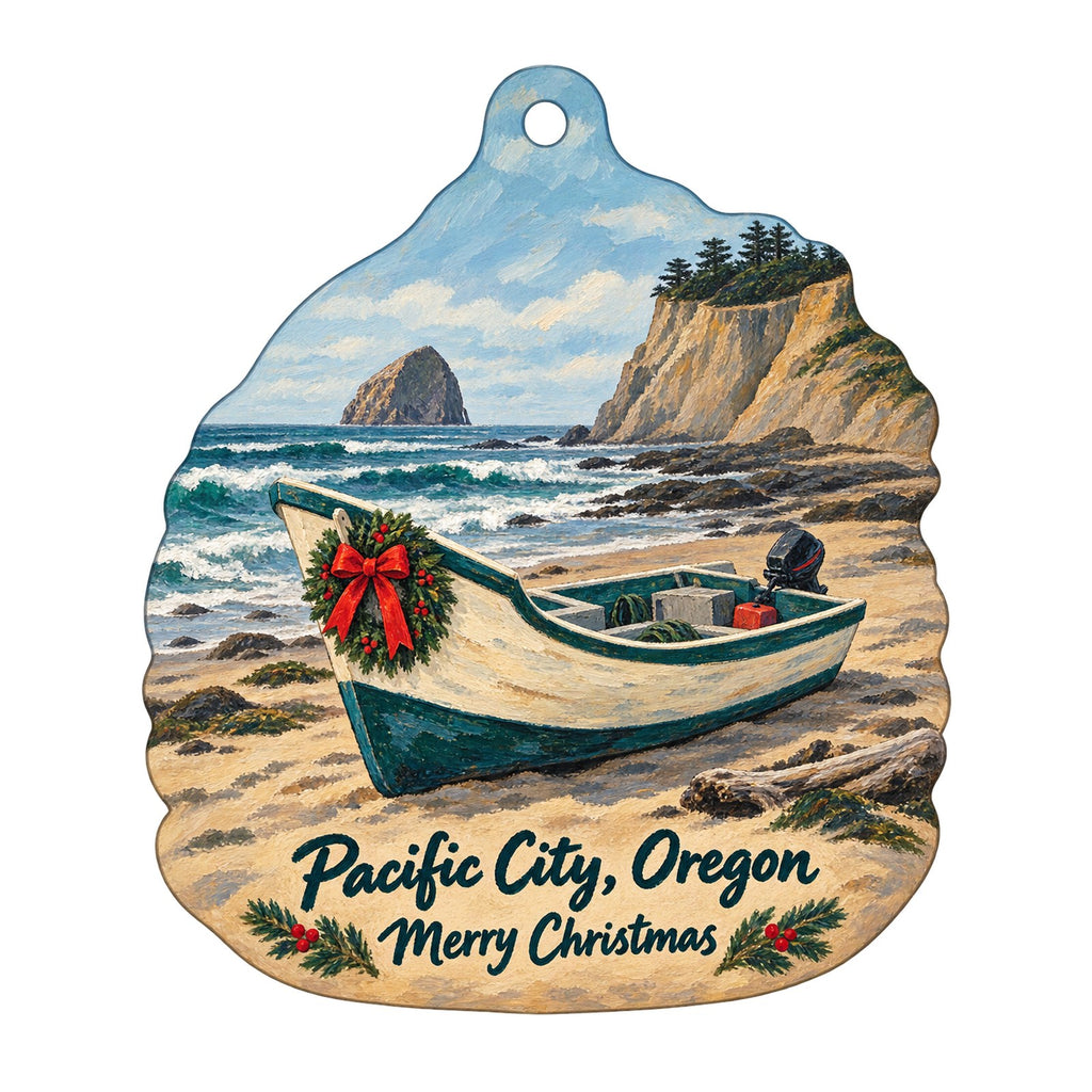 Cape Kiwanda Marketplace Christmas custom wood ornament OC927 on white