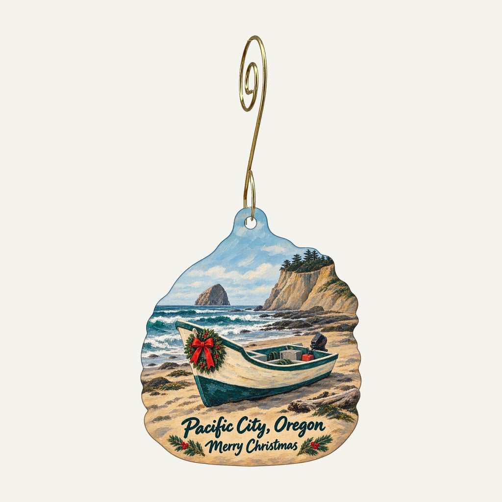 Cape Kiwanda Marketplace Christmas custom wood ornament OC927 hanging on hook