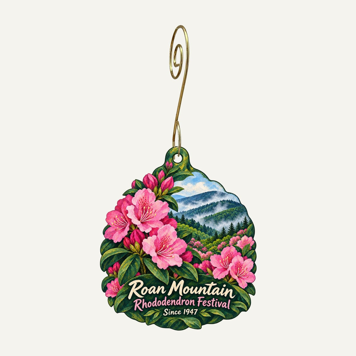 Roan Mountain Town Icon custom wood ornament OC934 hanging on hook