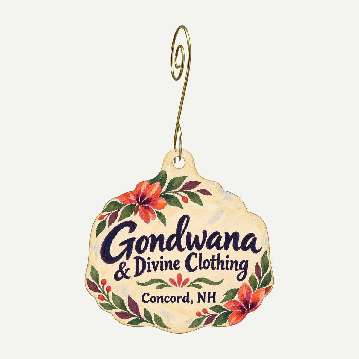 Gondwana & Divine Clothing Logo custom wood ornament OC938 hanging on hook