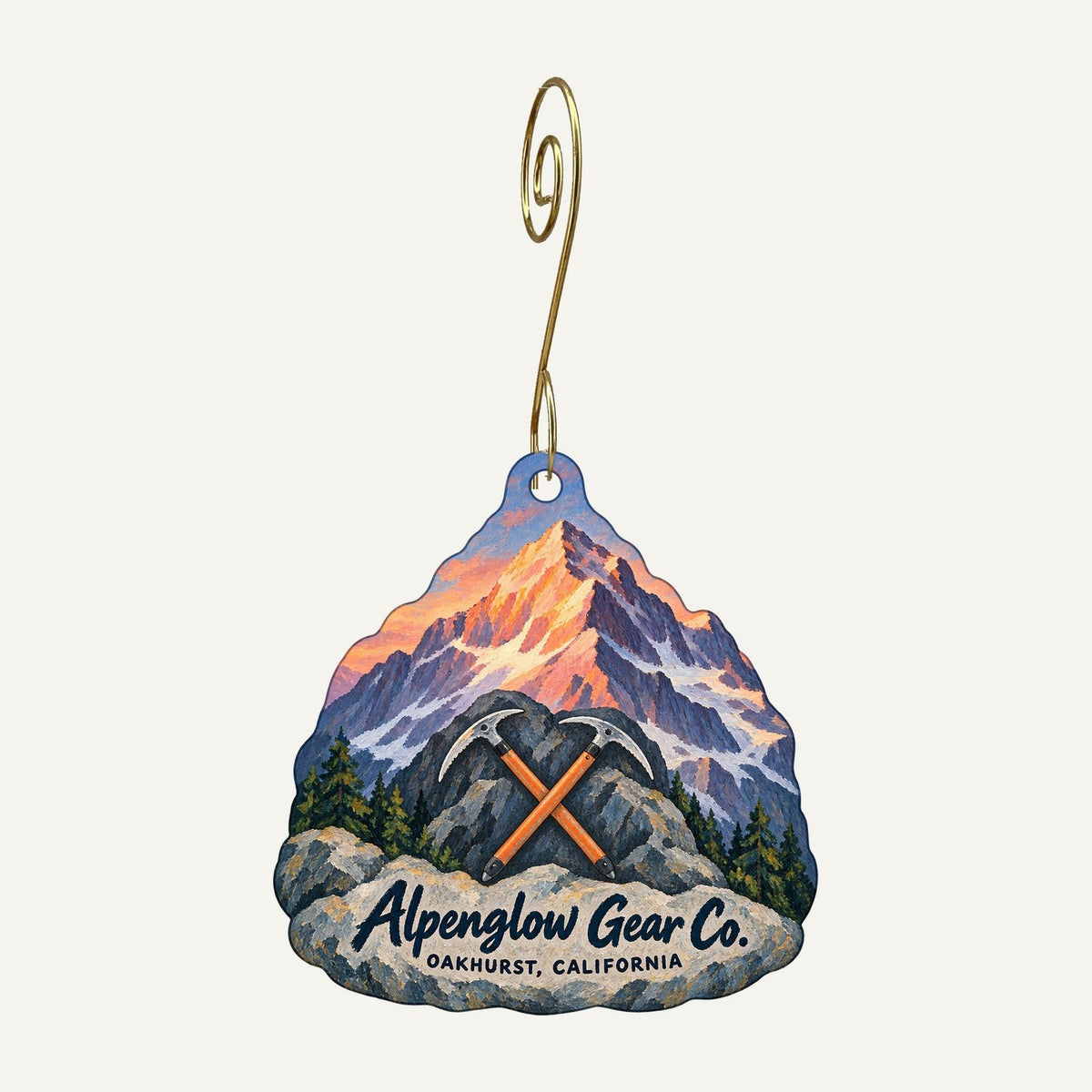 Alpenglow Gear Co. Logo custom wood ornament OC947 hanging on hook