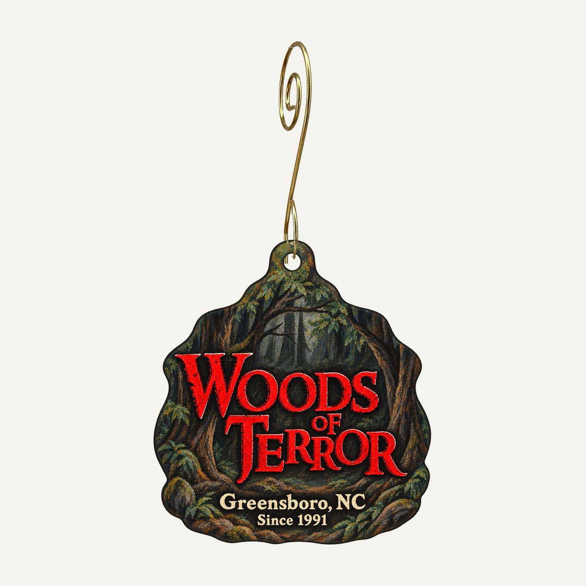 Woods of Terror Logo custom wood ornament OC950 hanging on hook