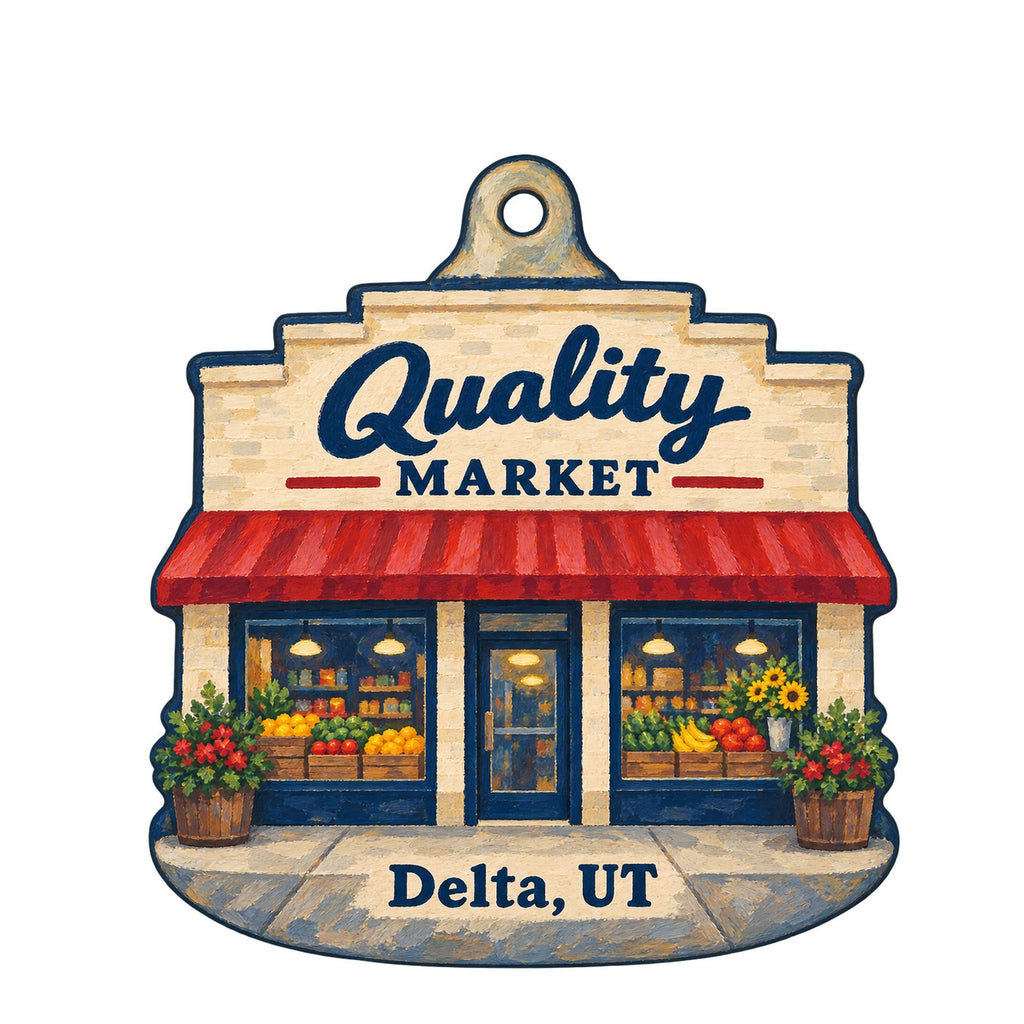 Quality Market Logo custom wood ornament OC953 on white