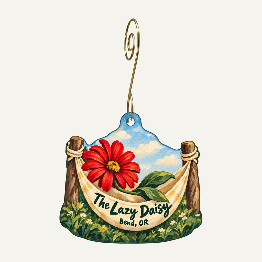 The Lazy Daisy Logo custom wood ornament OC956 hanging on hook