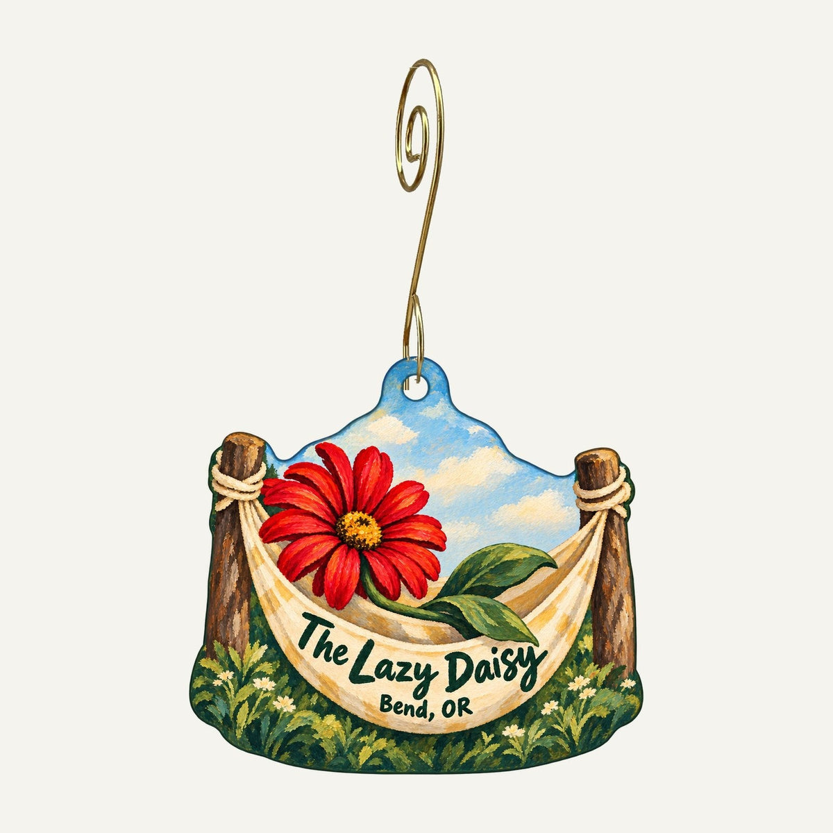 The Lazy Daisy Logo custom wood ornament OC956 hanging on hook