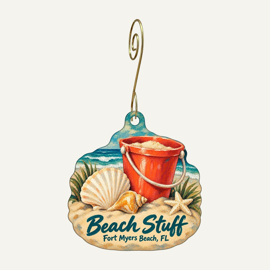 Beach Stuff Inc Logo custom wood ornament OC968 hanging on hook