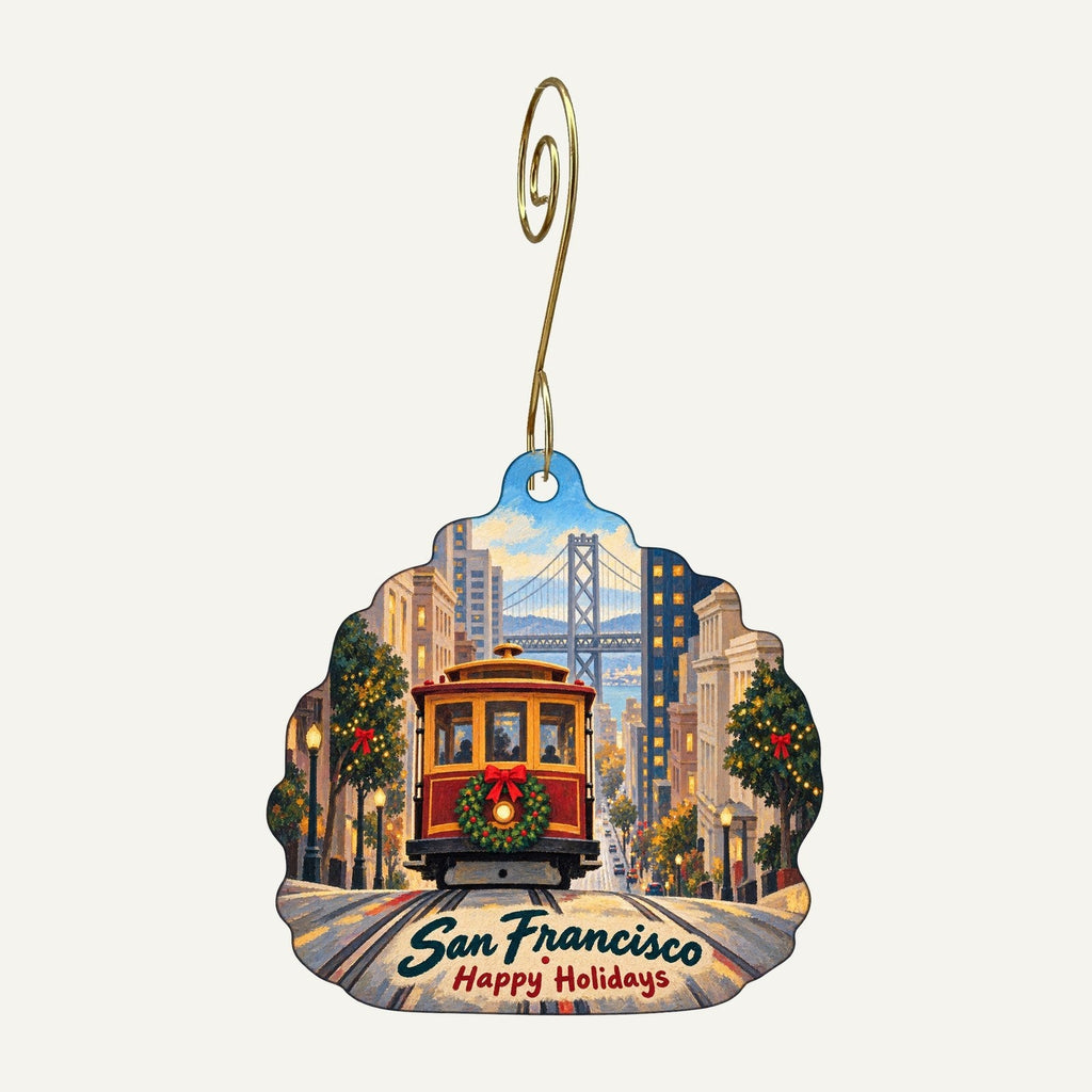 Exploratorium Store Christmas custom wood ornament OC96 hanging on hook