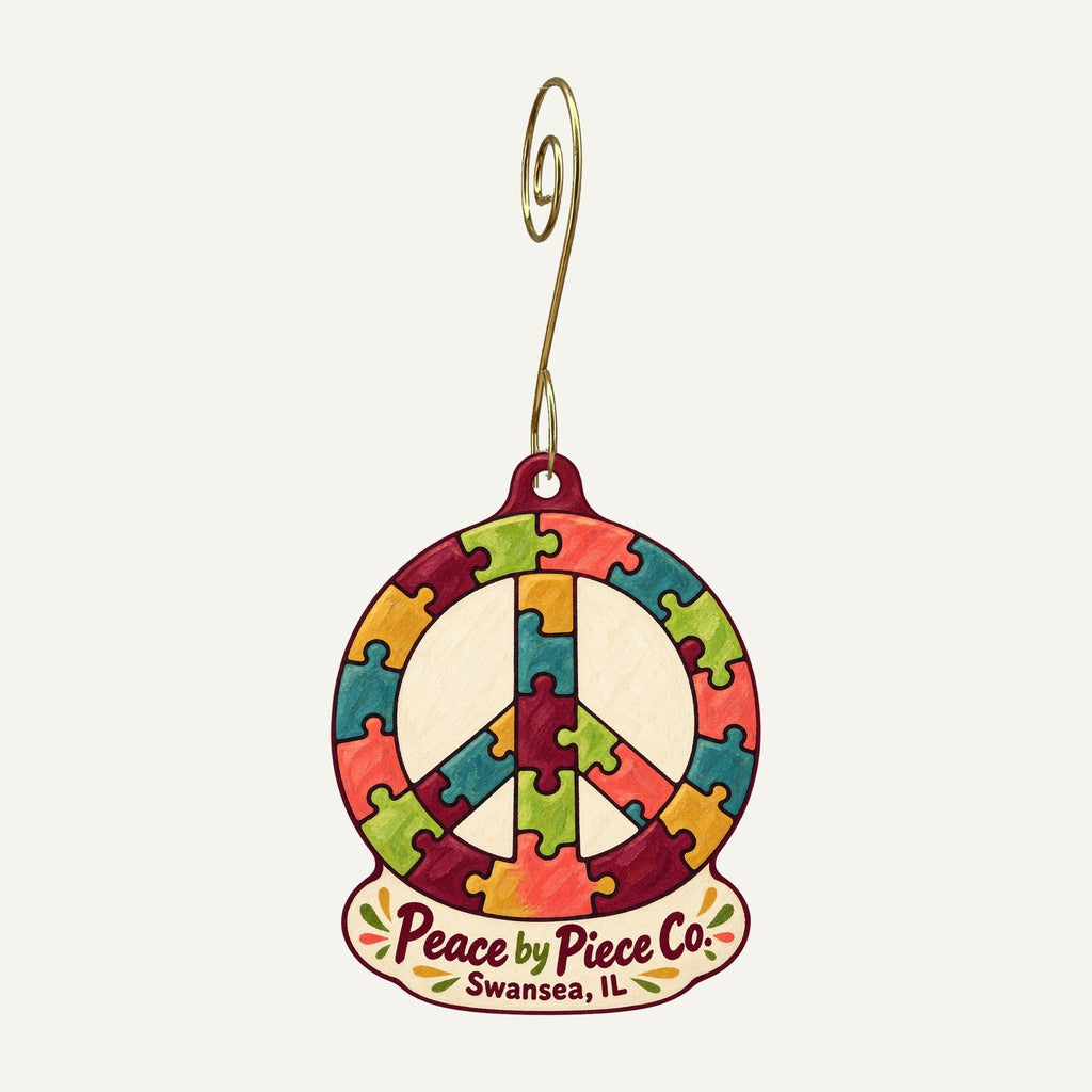 Peace by Piece Co. Logo custom wood ornament OC977 hanging on hook