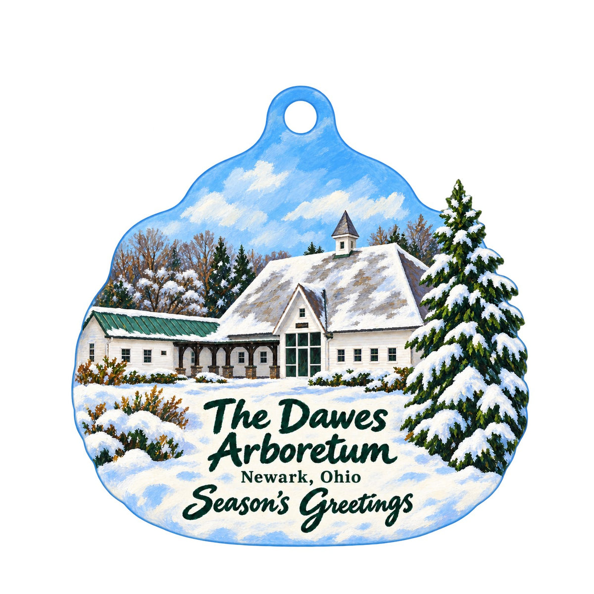 The Dawes Arboretum Christmas custom wood ornament OC984 on white