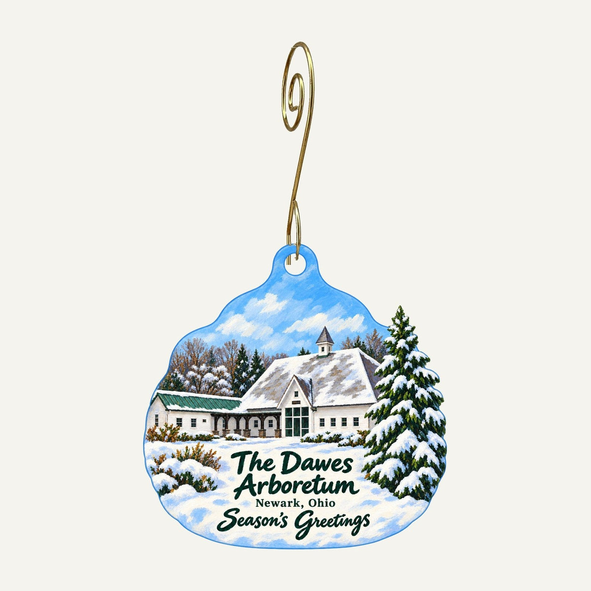 The Dawes Arboretum Christmas custom wood ornament OC984 hanging on hook