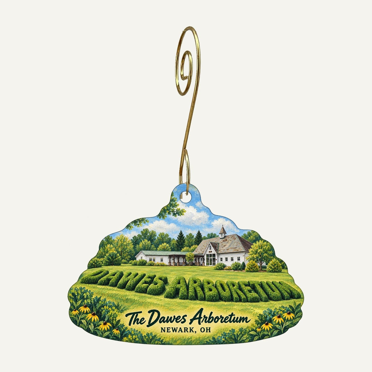 The Dawes Arboretum Town Icon custom wood ornament OC985 hanging on hook