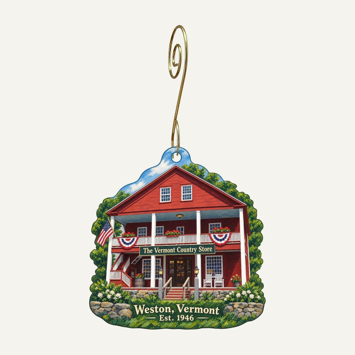 The Vermont Country Store Logo custom wood ornament OC98 hanging on hook