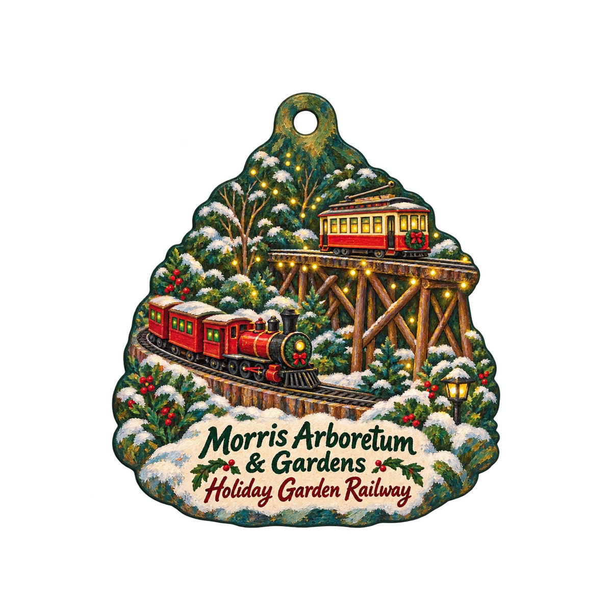 Morris Arboretum & Gardens Christmas custom wood ornament OC990 on white