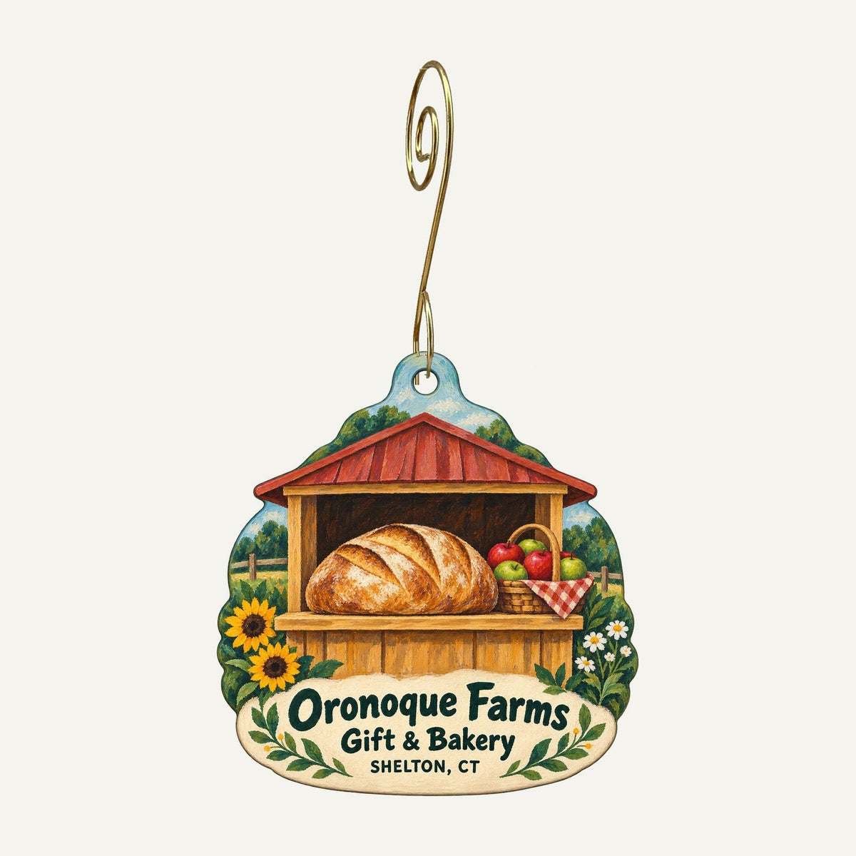 Oronoque Farms Gift & Bakery Logo custom wood ornament OC995 hanging on hook