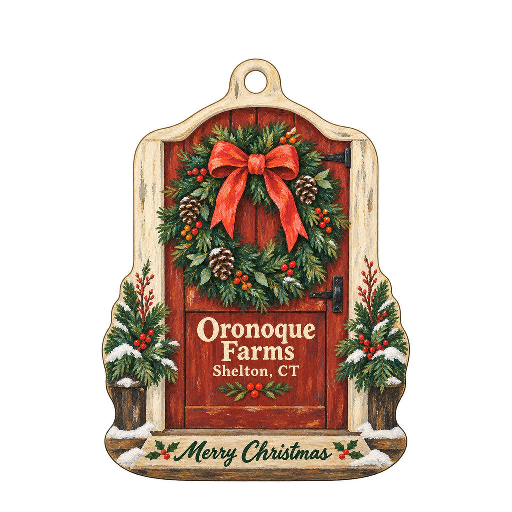 Oronoque Farms Gift & Bakery Christmas custom wood ornament OC996 on white