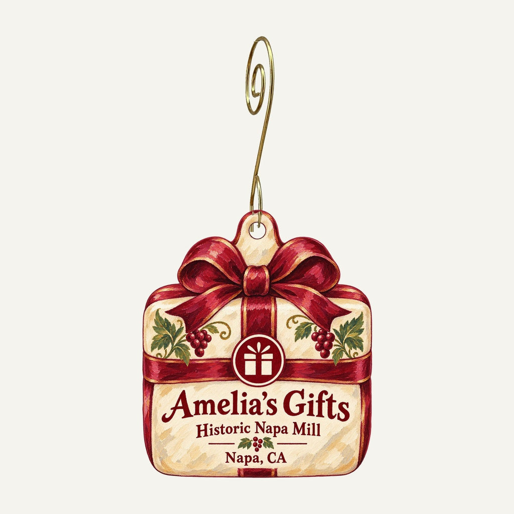 Amelia's Gifts Logo custom wood ornament OC998 hanging on hook