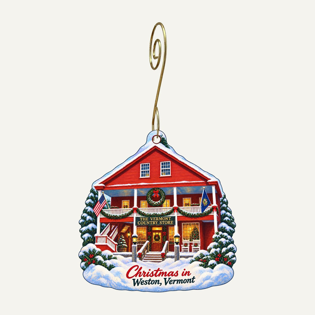 The Vermont Country Store Christmas custom wood ornament OC99 hanging on hook
