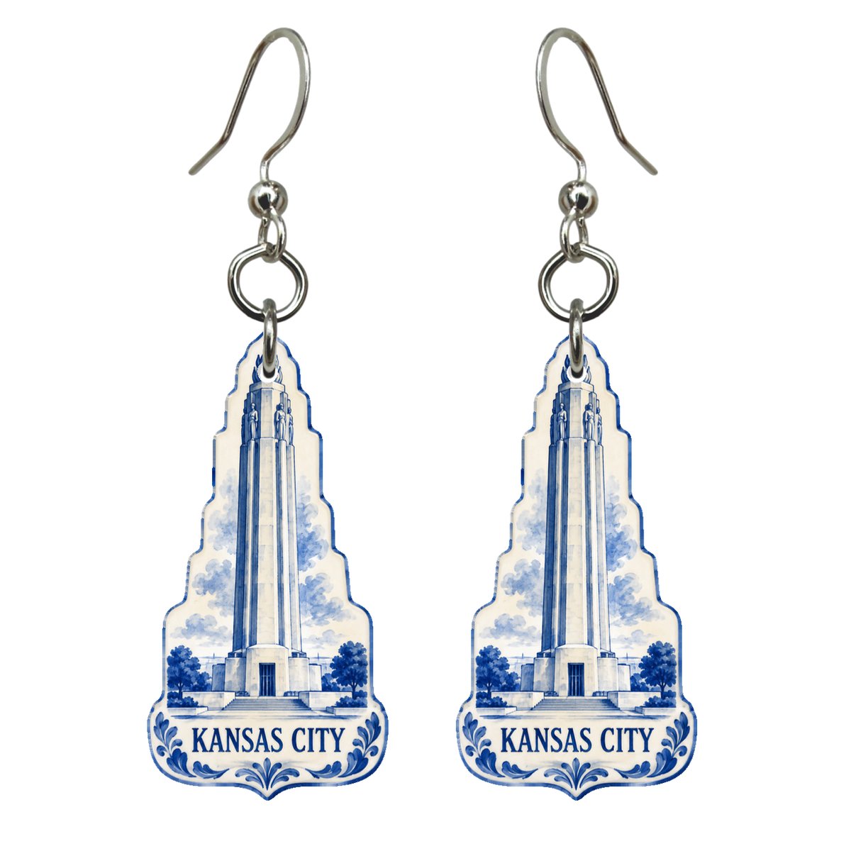 She's Choosing Kansas City Earrings | Blue-And-White Ceramic Illustration | S1033