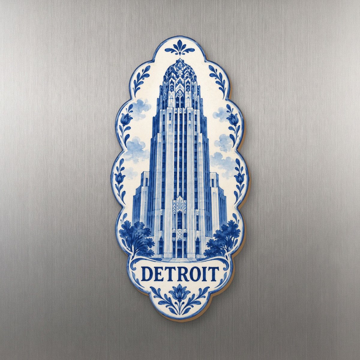 She's Choosing Detroit Magnet | Blue-And-White Ceramic Illustration | S1051-M