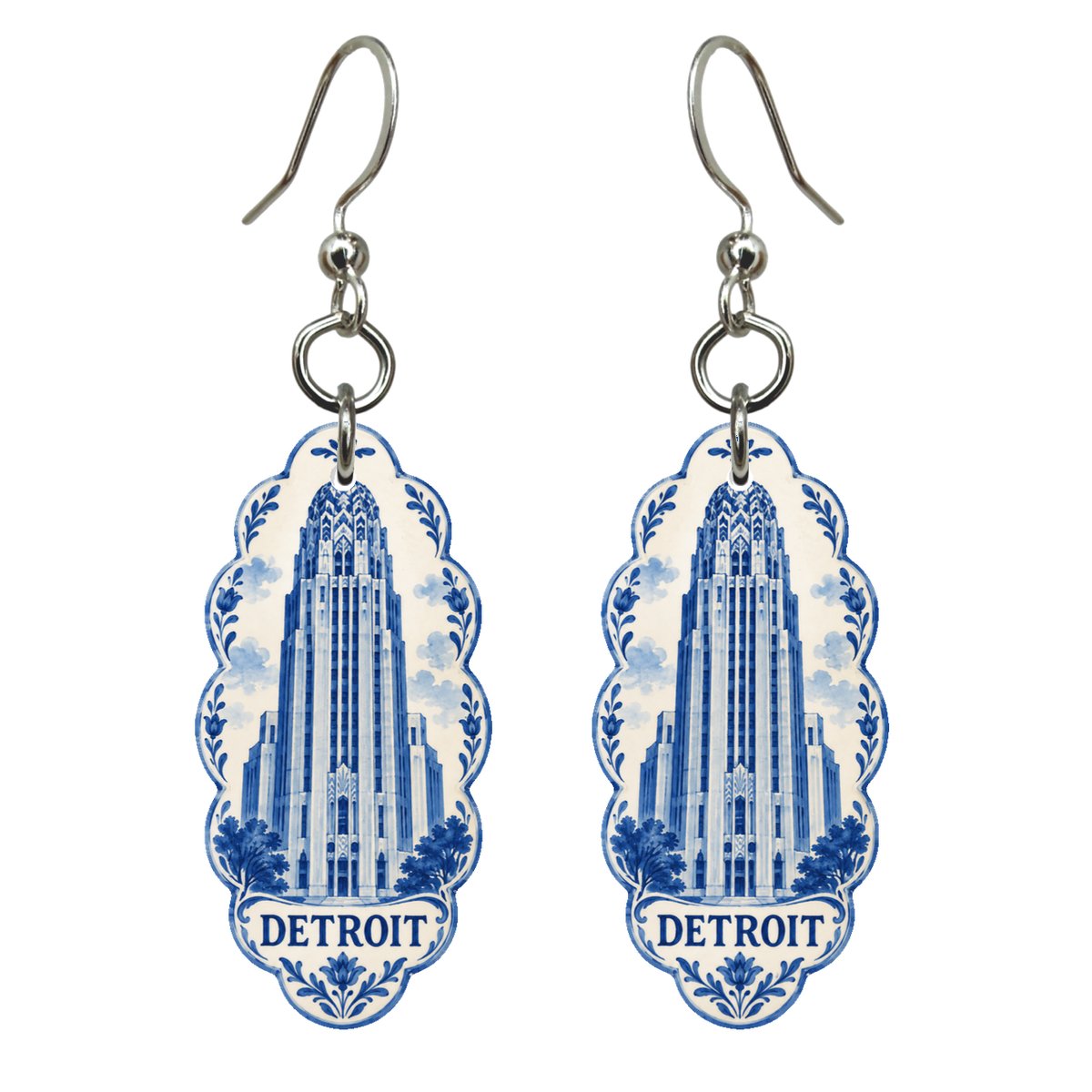 She's Choosing Detroit Earrings | Blue-And-White Ceramic Illustration | S1051