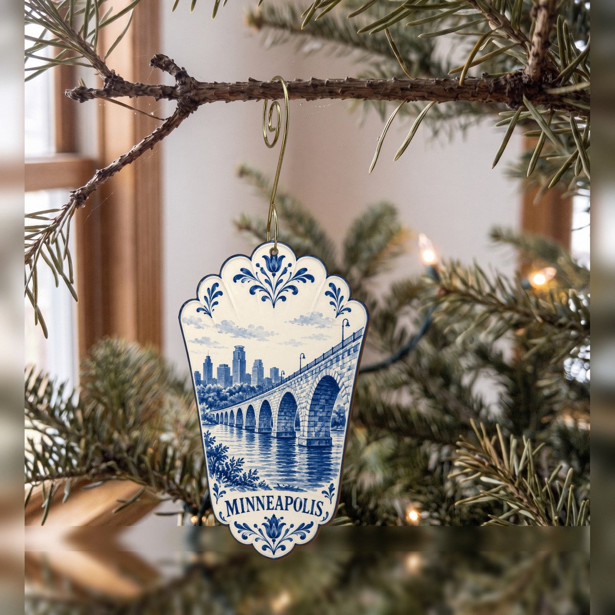 She's Choosing Minneapolis Ornament | Blue-And-White Ceramic Illustration | S1069-O