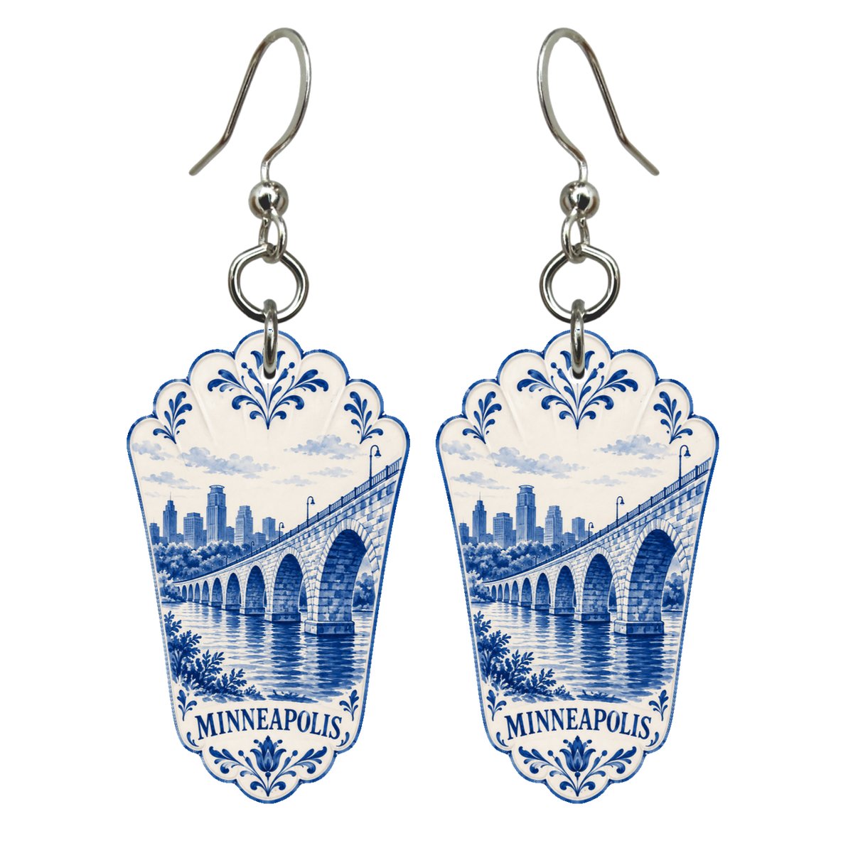 She's Choosing Minneapolis Earrings | Blue-And-White Ceramic Illustration | S1069