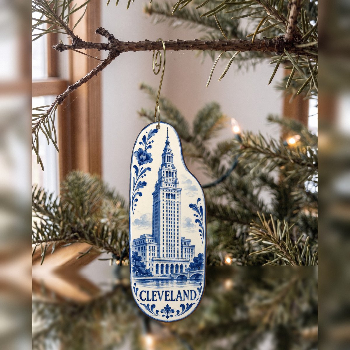 She's Choosing Cleveland Ornament | Blue-And-White Ceramic Illustration | S1087-O