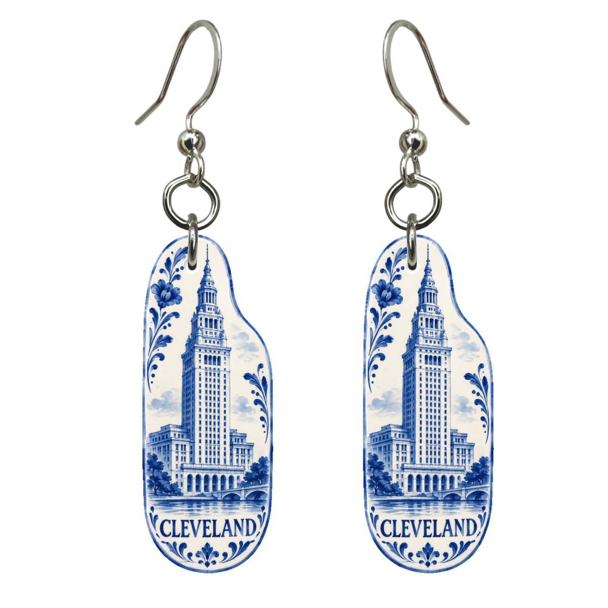 She's Choosing Cleveland Earrings | Blue-And-White Ceramic Illustration | S1087