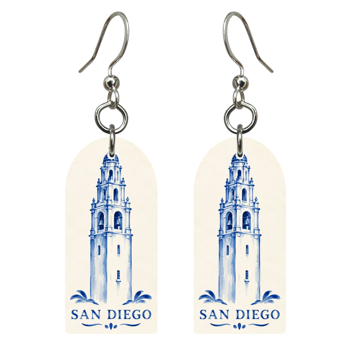 She's Choosing San Diego Earrings | Blue And White Ceramic Illustration | S1131
