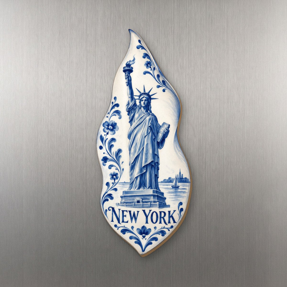 She's Choosing New York Magnet | Blue-And-White Ceramic Illustration | S114-M