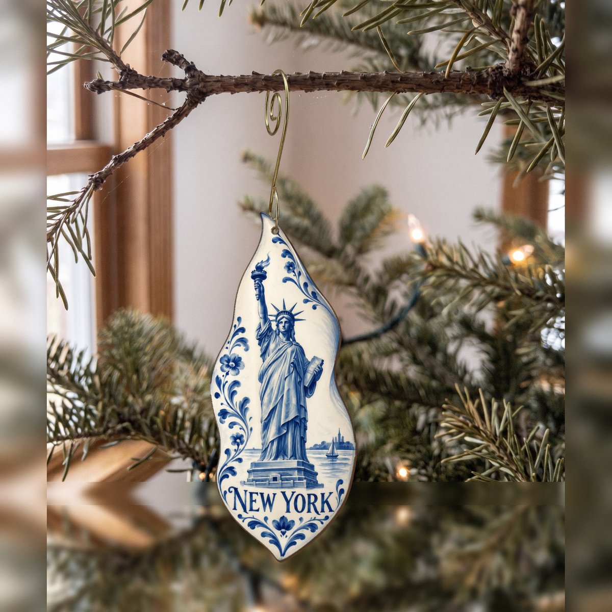 She's Choosing New York Ornament | Blue-And-White Ceramic Illustration | S114-O