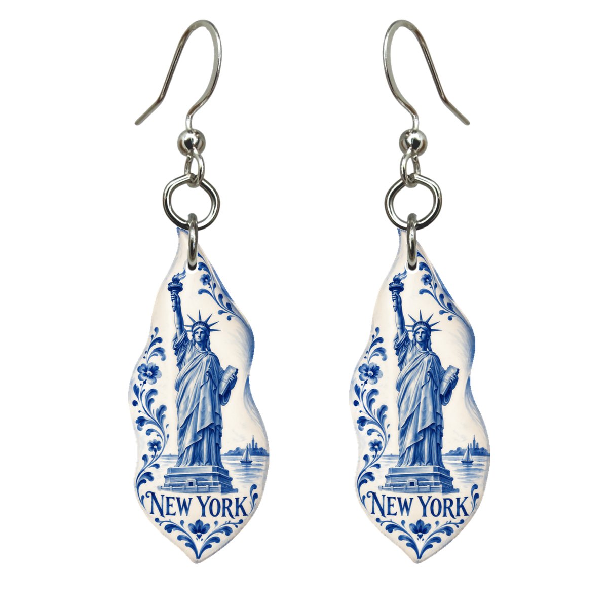 She's Choosing New York Earrings | Blue-And-White Ceramic Illustration | S114