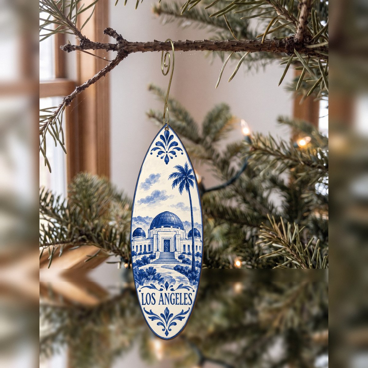 She's Choosing Los Angeles Ornament | Blue-And-White Ceramic Illustration | S132-O