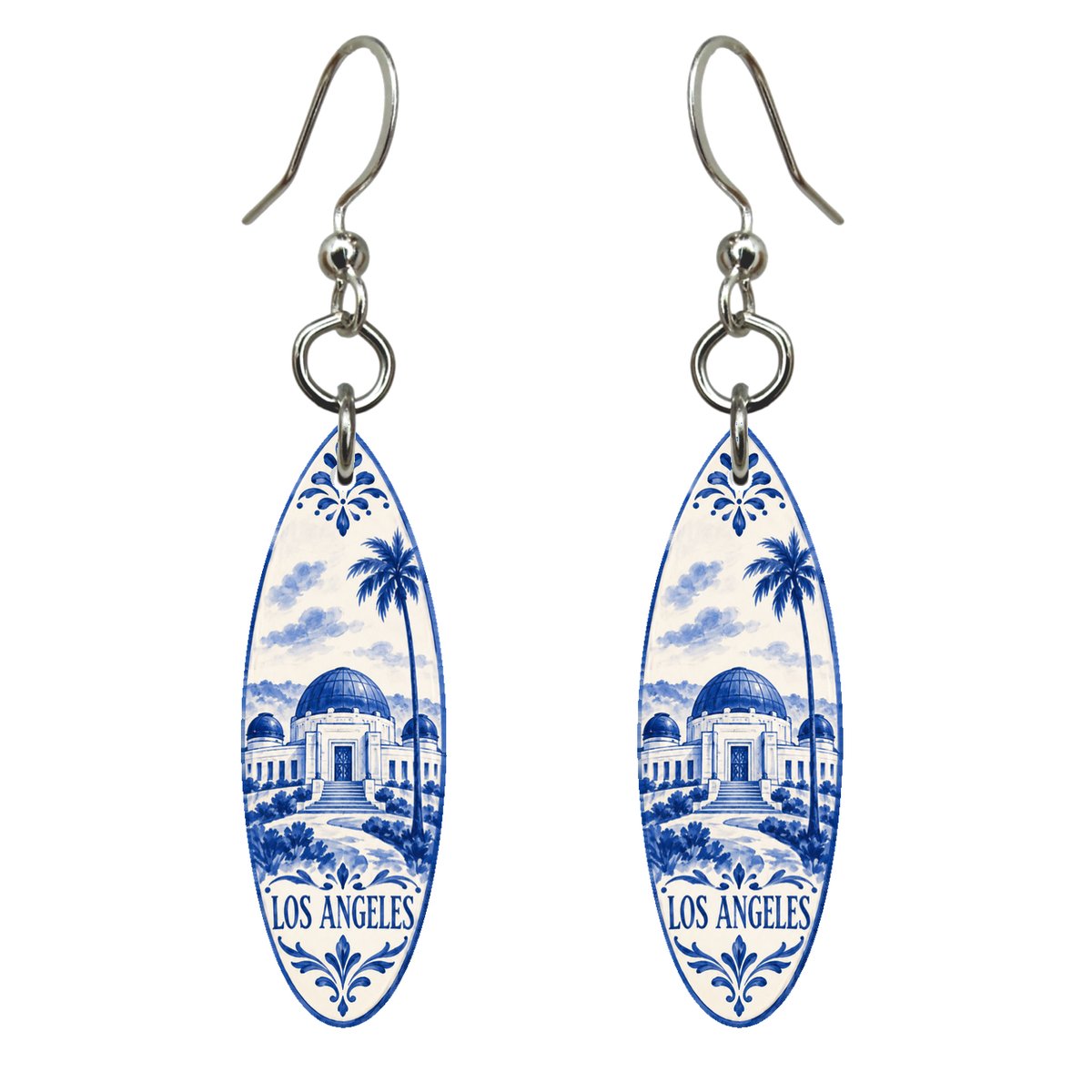 She's Choosing Los Angeles Earrings | Blue-And-White Ceramic Illustration | S132